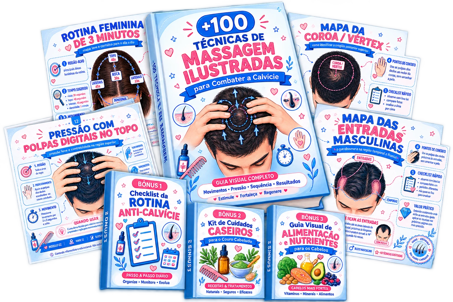 +100 Técnicas de Massagem Ilustradas para Combater a Calvície